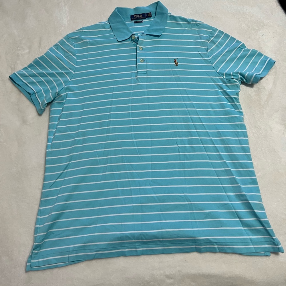 Mens blue and white striped polo